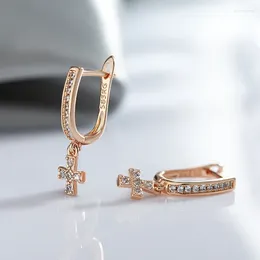 Dangle Earrings Wbmqda Luxury Fashion Cross Drop For Women 585 Rose Gold Color With White Natural Zircon Daily Party Fine Jewelry Gifts