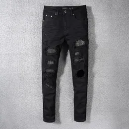 Mens Jeans Black Estruerad Slim Fit Streetwear Style Skador Hål Skinny Stretch Destribed Ribs Patches Ripped 230404