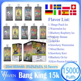 Original Bang King 15000 Puffs Bars Descartáveis Vape Pen E Cigarros 25ml Pré-cheio Pods Cartucho 650mAh Bateria Recarregável Puffs 15K