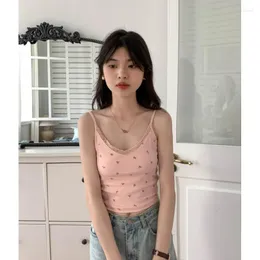 Serbatoi da donna Versione coreana 2023 Summer Sweet Kawaii Pink Sexy Bretelle in pizzo Donna Slim All-match Girl Short Crop Top Vest Corsetto