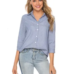 Women's Blouses Shirts Brassas mujer de moda Women's Shirt Summer Stripe one-third Turn Collar Women's Top and Shirt 230406