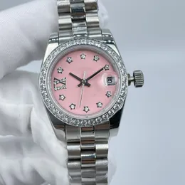 Designer de luxo clássico moda relógio automático incrustado com diamante colorido tamanho 28mm vidro safira um presente de Natal favorito das mulheres