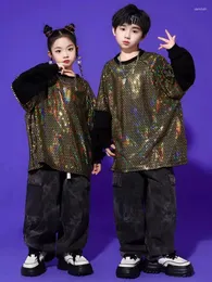 Scene Wear Children Gold Sequin Tops Black Pants For Boys Hip Hop Costume Girls Jazz Dance Performance Clothes Group BL11924