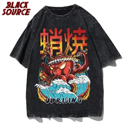 Camisetas masculinas Fonte preta Anime Manga Vintage Wash Unisex T-shirt Octopus Men Harajuku T-shirt estilo japonês 230406