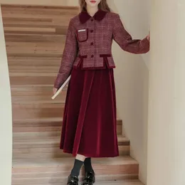 Two Piece Dress Autumn Winter Small Fragrance Set Women Short Woolen Coat Plaid Jacket Velvet A-Line Skirt Suits Korean 2 Sets