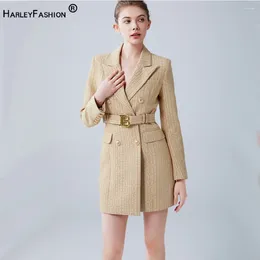 Casual Dresses Autumn Elegant Fashion Women Blazer Dress With Belt Double Breasted Quality Khaki Denim Geometrical Pattern Chic Design For