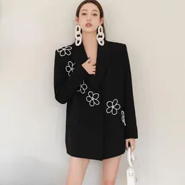 Kadınlar Takım Moda Pisti İnci Boncuk Parlak Blazer Ceket Kadın Çentikli Tek Düğme Gevşek Kızlar Siyah Dış Giyim Ceket Şık Kadın