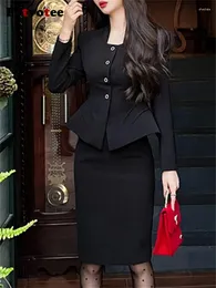 Two Piece Dress Fotvotee Solid Women Suits Office Set 2023 Fashion Vintage Long Sleeve Double Breasted Top Elegant Slim High Waisted Skirt