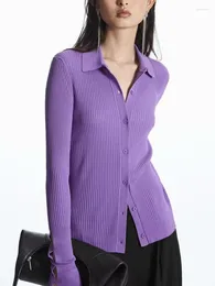 Kobiety damskie 2023 Spring Women-Down Down-Down Kllar Sweater Rib Slim Fit Single Breaste Dams Knit Purple Black Cardigan