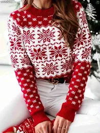女性のセーター秋と冬の赤いセーターの女性はクリスマススノーフレーク丸いネックの長いベースプルオーバーニットセーター231107を着る