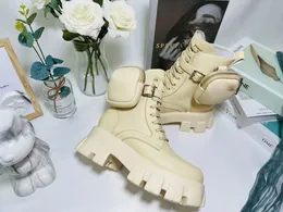 2023 Ankle Combat Boots Platform Wedges Flat Booties Chunky White Leather Nylon Pouch Round Toe Block Heels Luxury Designer For Women Factory Footwear