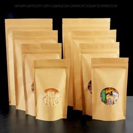100pcs 두꺼운 스탠드 업 크래프트 종이 명확한 타원형 창문 자물쇠 가방 재현 가능한 커피 가루 베이커리 설탕 선물 포장 저장 파우치 LPNWP