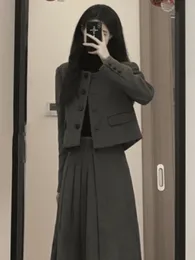 Two Piece Dress Xgoth Women's two-piece warm suit Prefabricated grey tweed short sleeve jackethigh waist pleated skirt Elegant dark grey suit 230407