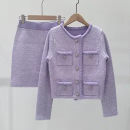 デザイナーのツーピースの紫色の短いジャケット、お尻のスカート付きのツーピースセット、秋の女性服