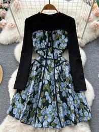 캐주얼 드레스 FTLZZ 가을 겨울 우아한 여성 O- 넥 주름 패치 워크 미니 드레스 레이디 제국 슬림 플로럴 프린트