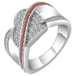Anéis de cluster cor prata amor coração para mulheres branco vermelho zircão promessa noivado moda jóias distribuiti