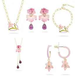 Colar brincos conjunto europeu e americano artesanal esmalte primavera verão rosa flor pulseira de cristal