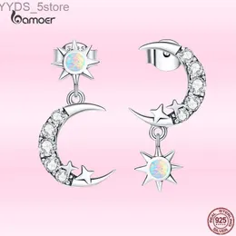 Stud Bamoer New Fashion Moon Star Orecchini a bottone in argento sterling 925 con zirconi lucidi per le donne Eleganti gioielli da sposa YQ231107