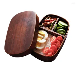 Servis uppsättningar Portable Wood Lunch Box med fack Container Rektangel Japanese Fruit Sushi Bento Kök Tillbehör