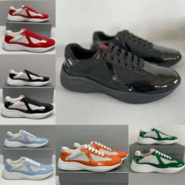 Com caixa P Parda Prad Designer de sapatos Americas Cup Sneakers Runner Treinadores Flatos Sapatos Casuais Patente Couro Preto Blue Malha de Malha ao ar livre e nylon No53 PTSK