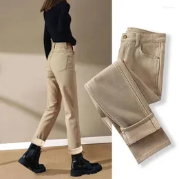 Calças femininas outono inverno casual moda cor sólida jeans senhora cintura alta adicionar veludo denim mulheres grossas calças de algodão reto quente