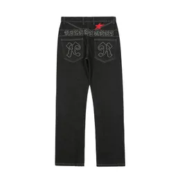 Mens Jeans Chic Star Letter Embroidery Black Hip Hop Men Straight Jeans Trousers Streetwear Male Baggy Denim Pants Fashion Spodnie 230406