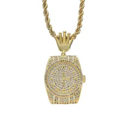 Relógio de bolso banhado a ouro 18k, colar com material de cobre, pedra cz completa, joia masculina de hip hop, presente243a