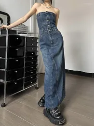 캐주얼 드레스 패션 파란색 데님 맥시 드레스 여성 오버 어깨 뒤로 긴 2023 여름 숙녀 세련된 스트랩리스 스트리트웨어