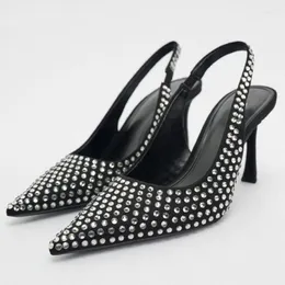 صندل Traf Women Black High High Heels Slingback Slingback Crystal Pump Shoes Woman Luxury Bling Ladies Pointed Toe Party Pumps