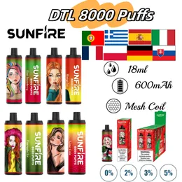 Original E Cigarro Sunfire Bar DTL 8000 Puff 600mAh Bateria 18Ml Cartucho Pré-preenchido Malha Bobina Tornado Mini vape Cup PUFFS 8000 8k Sem vazamento Enormes vapor puffs 9000 9k