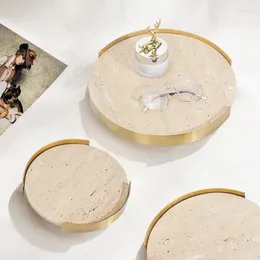 Decorative Figurines Natural Marble Trays For Hospitality Brown Circle Marmor Tray Round Jewelry Plate Luxury Reception With Golden Metal
