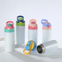 Sublimationsrohlinge Kinderbecher Babyflasche Trinkbecher 12 OZ weiße Wasserflasche mit Strohhalm und tragbarem Deckel 5 Farbdeckel Sublimation Pr Ihhg