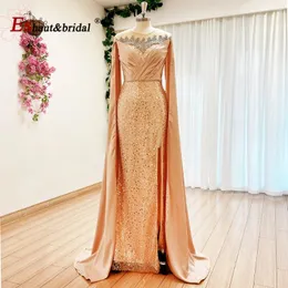 Party Dresses Elegant Arabic Mermaid Evening Dress For Women 2023 Luxury Dubai Beads Cape Sleeves Side Slit Wedding Formal Prom Gown