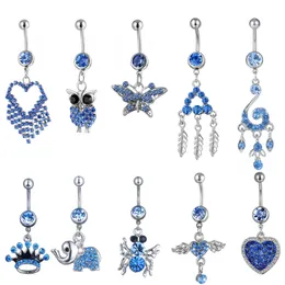 حلقات زر جرس السرة LB10-001 BELLY NAVEL BUNTING RING MIX 10 أنماط Aqua.Colors PCS HEART BUTTONFLY OWL CROWN DROP DROP