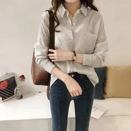 البلوزات النسائية Lucyever White Striped Office Lady Ladys Vintage Simple Long Sleeve Lond Rold Blouse Women Women Corean Button Up Loose