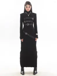 Casual Dresses Modphy 2023 Winter Fashion Stand Neck Splice Pu Tight Long Sleeve Sweater Dress Y2K Women's Split Design