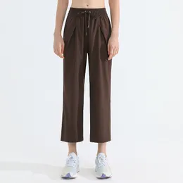 lululemenly Yoga Lulus Pantaloni sportivi da donna Pantaloni larghi a gamba larga Vita alta Pantaloni dritti da donna Primavera Pulululemenly Pantaloni Docker svasati in corda da donna YDK22