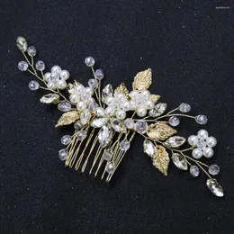 Headpieces Vintage Gold Leaf Bride Hair Comb Rhinestone Crystal Pearl Wedding Head Jewelry Bridal Accessories For Women And Girls