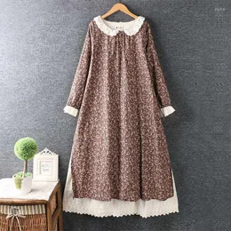 Abiti casual FairyNatural Abito a strati di cotone con stampa di fiori rustici da donna a maniche lunghe in pizzo stile giapponese retrò di qualità femminile