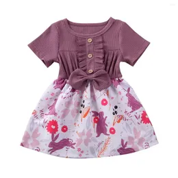 Kız Elbiseler 0-5y Yaz Sevimli Bebek Kız Kız Elbise Bowknot Çiçek Baskı Ruffles Kol Diz Uzunluğu A-Line