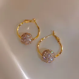 Hoop Huggie 14K Real Gold Plating Korea Selling Fashion Jewelry Round Zircon Beads Swivel Earrings Luxury Women s Prom Party Accessories 230407