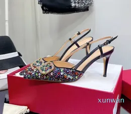 Seksowne sukienki buty designerskie sandały o wysokości 8 cm satynowe rhinestone dekoracja kobiet moda kostki pucle opakowanie stóp palce ślubne ślubne slingback