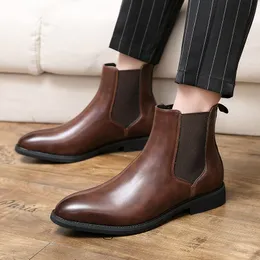 Chelsea Boots for Men Handmade Brown Black PU Pointed Toe Low Heel Set on Classic Fashion Business Casual All-match Dress Shoes