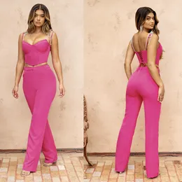 Summer Fuchsia Women Pants Suits Celebrity Lady Anpassning Evening Party Blazer Wear Lace Tops 2 Pieces