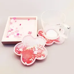 Cherry Glitter Coasters Silicone Quicksand Flash Placemat Coffee Cup Mat Non-Slip Isolation Tea Pad Home Decor