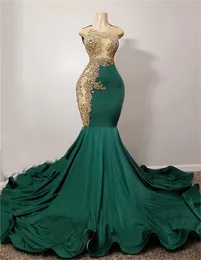 Smaragdgrünes Meerjungfrau-Luxus-afrikanisches Ballkleid für schwarze Mädchen, goldene Applikation, Diamant-Kristall-Gillter-Rock, formelles Abendkleid