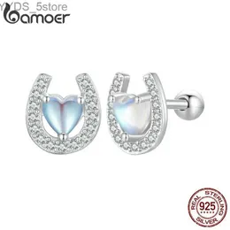 Stud Bamoer 925 Sterling Zilver Hoefijzer Ronde Oordopje Oorbellen Hart Maansteen Met Ronde Oordopje voor Mode Vrouwen Fijne Sieraden YQ231107