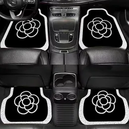 Designer Car Floor Mat Silk Ring Foot Mat Cartoon Black and White Flower Classic Old Flower Print Interior 4 Piece Set Easy to Clean, Dirty Resistant Universal Foot Mat