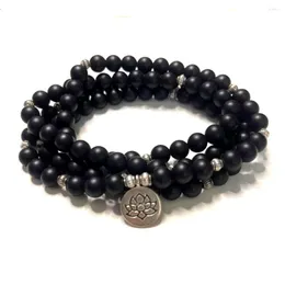 스트랜드 8mm Mattle Black Onyx 108 Mala Bead Bracelet Meditation Yoga Prayer Jewelry Elastic Cord Wrap Japamala Romerary