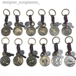 Keychains Lanyards LETI New Fashion Genuine Leather Weave Zodiac Sign Keychain Punk Vintage 12 Constellation Key Ring for Men WomenL231107